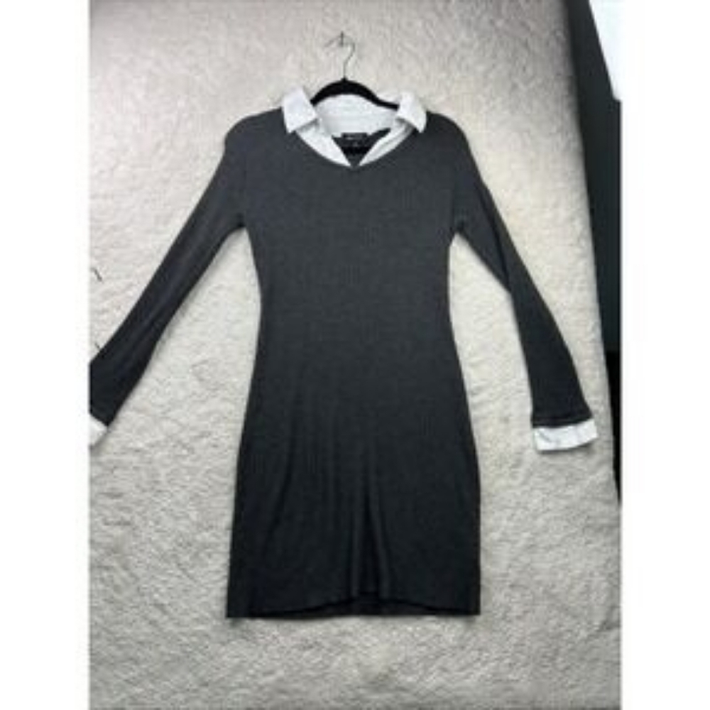 Gray Long-Sleeve Knit Dress with White Collar By Ab Studio
